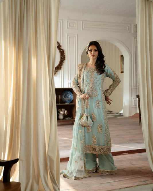 Heavy Fox Georgette Light Blue Sharara Suit with Codding Sequence Embroidery