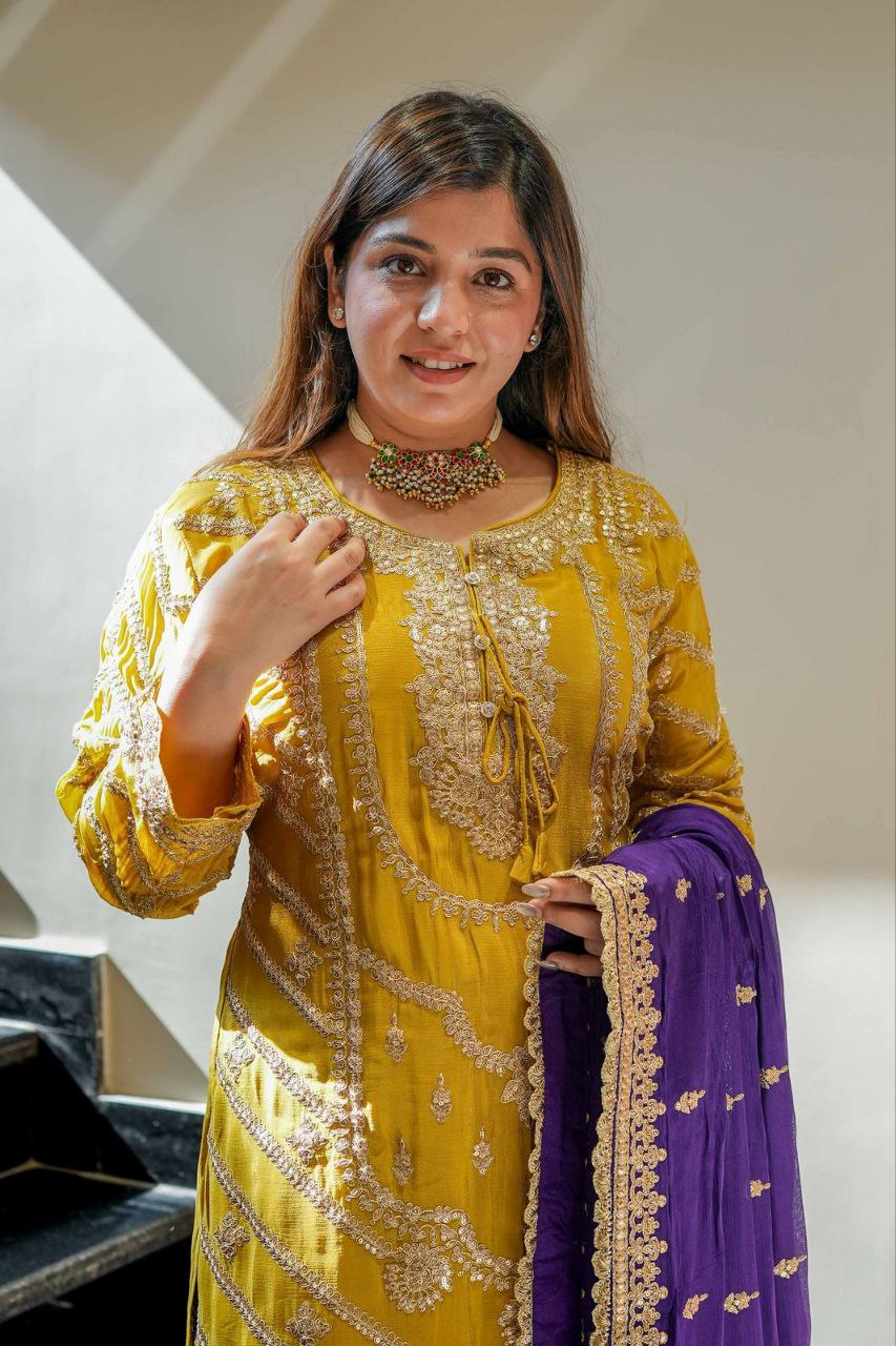 Heavy Yellow Chinon Silk Sharara Suit with Embroidery and Printed Dupatta