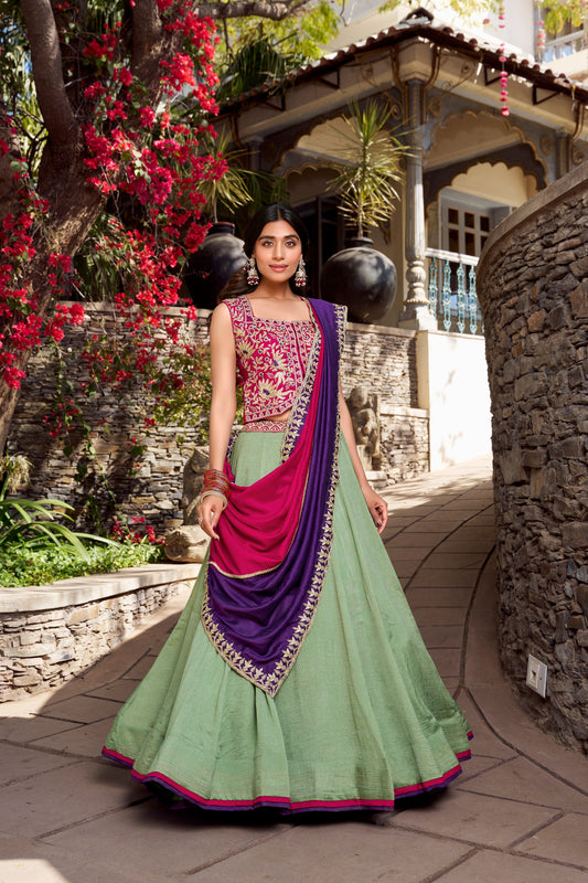 Vichitra Silk Lehenga Set with Embroidered Belt and Dupatta