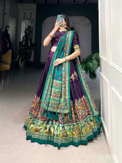 Purple Tussar Silk Lehenga Set with Printed Foil Work and Gotta Patti Dupatta