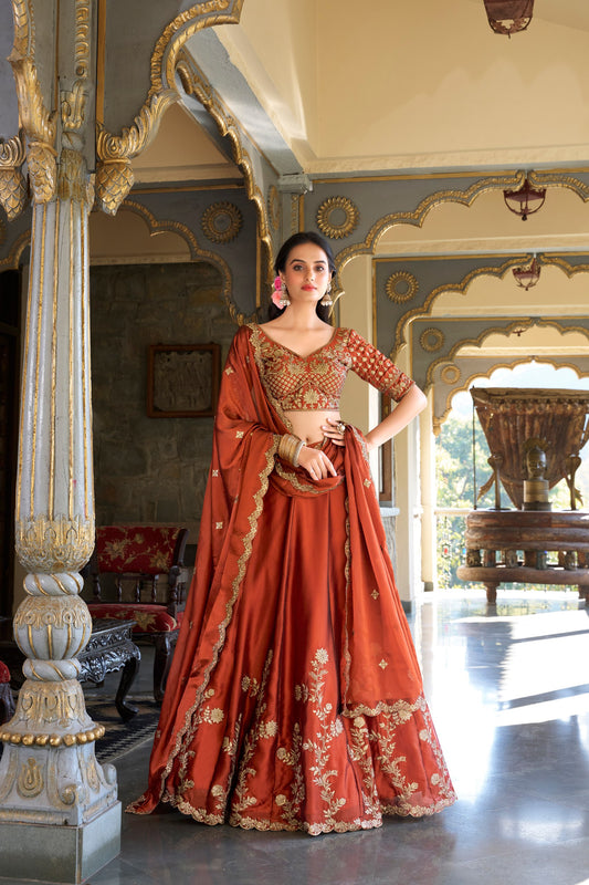 Red Rangoli Silk Lehenga Set with Sequins & Thread Embroidery