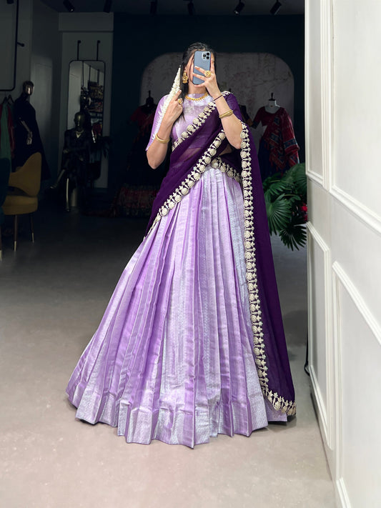 Lavender Jacquard Silk Lehenga Set with Weaving Work and Georgette Embroidered Dupatta