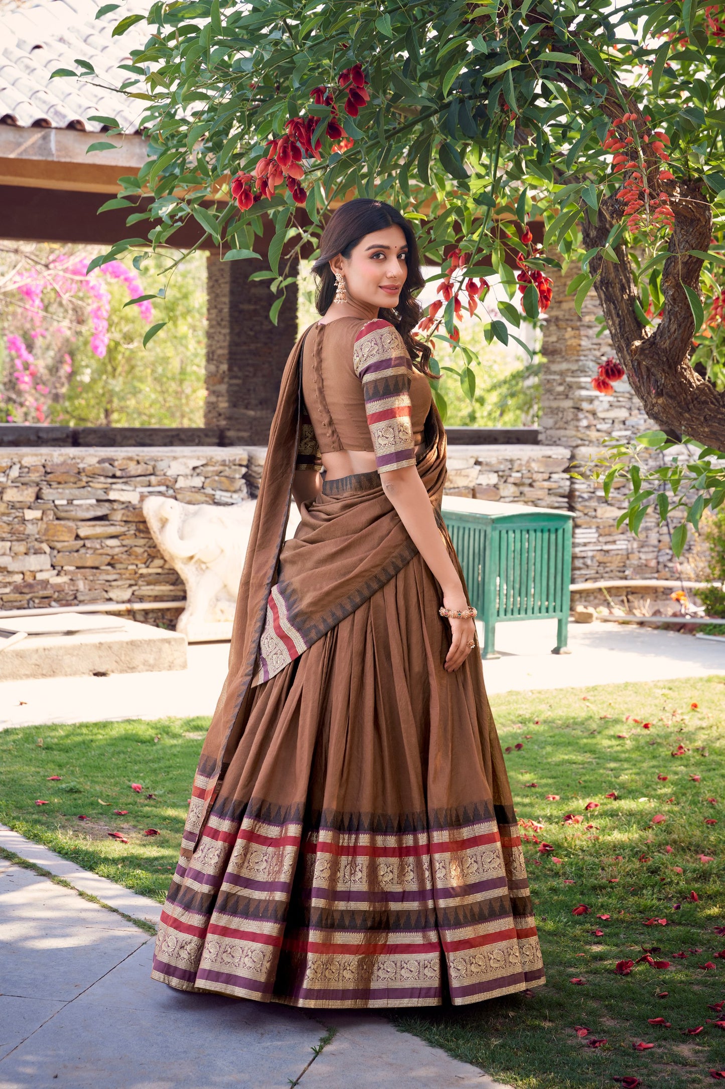 Pure Chanderi Brown Lehenga with Zari Weaving Work Border & Dupatta