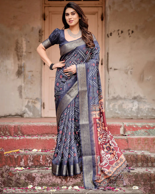 Navy Blue Colors Bandhni Style Pure Silk Saree