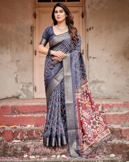 Navy Blue Colors Bandhni Style Pure Silk Saree