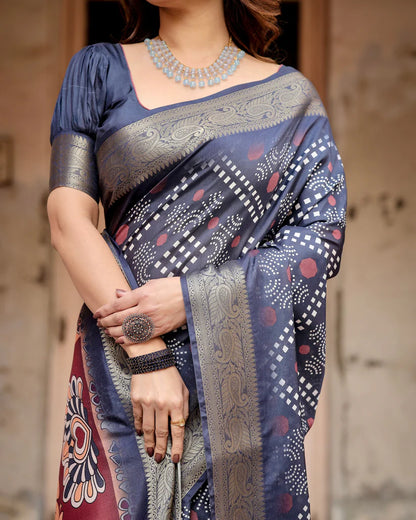 Navy Blue Colors Bandhni Style Pure Silk Saree