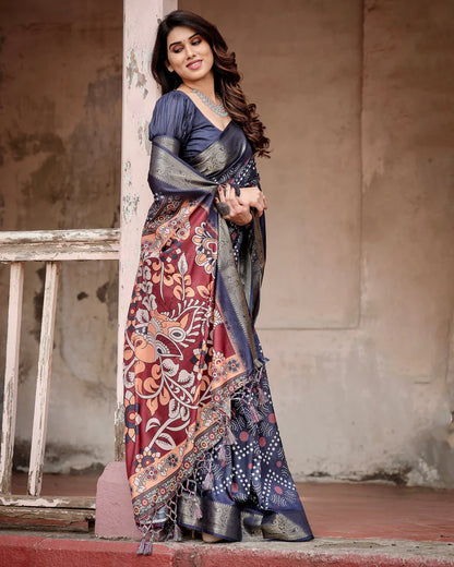 Navy Blue Colors Bandhni Style Pure Silk Saree