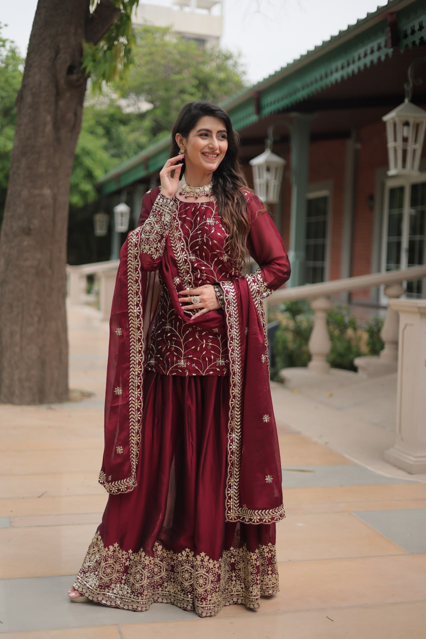 Premium Designer Readymade Maroon Kurti Plazoo Dupatta By Stylish Ethnic