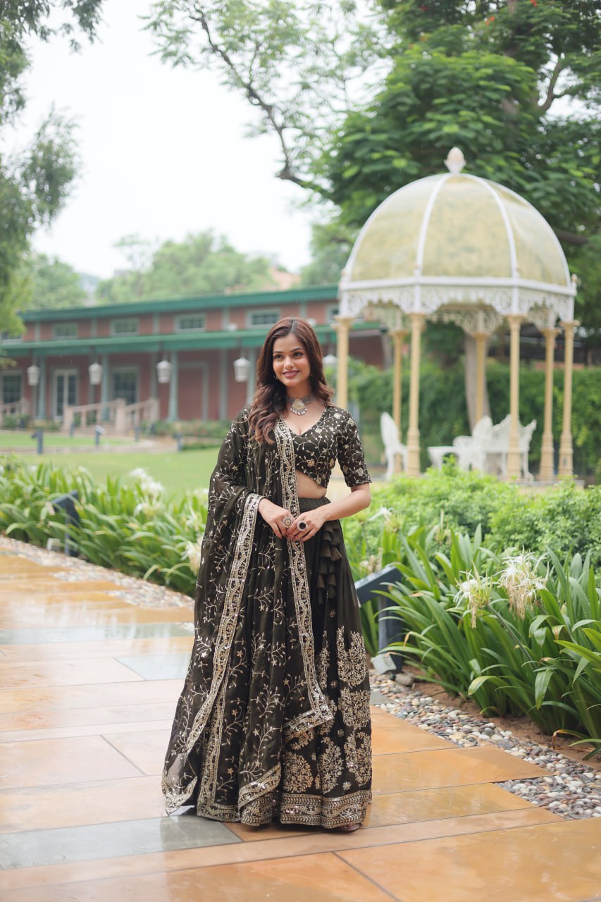 Green Rangoli Silk Embroidered Lehenga Set By Stylish Ethnic