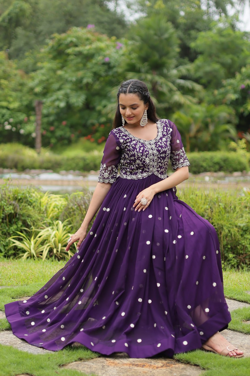 Purple Embroidered Faux Blooming Gown By Stylish Ethnic