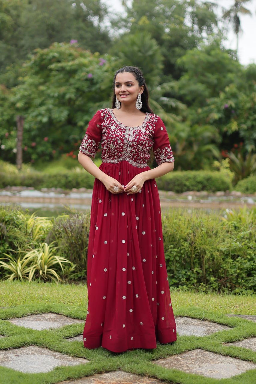 Maroon Embroidered Faux Blooming Gown By Stylish Ethnic