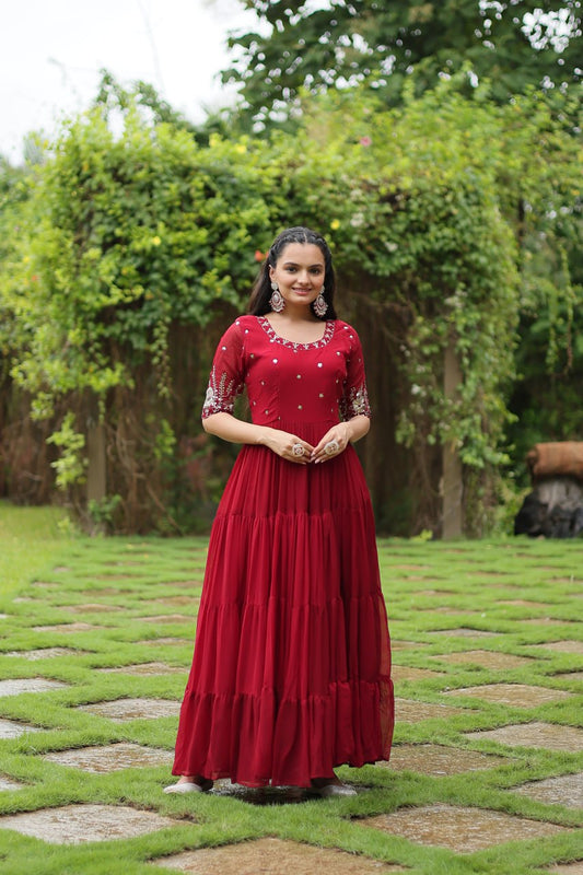 Maroon Zari Sequin Embroidered Faux Blooming Gown By Stylish Ethnic