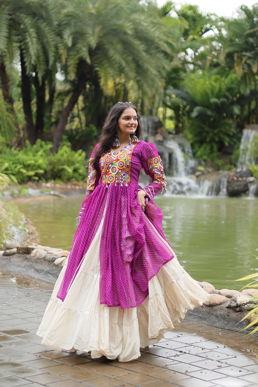 Purple Mirror Work Cotton Navratri Wear Kurti With Lehenga By Stylish Ethnic