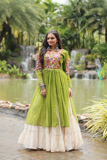 Pista Green Mirror Work Cotton Navratri Wear Kurti With Lehenga By Stylish Ethnic