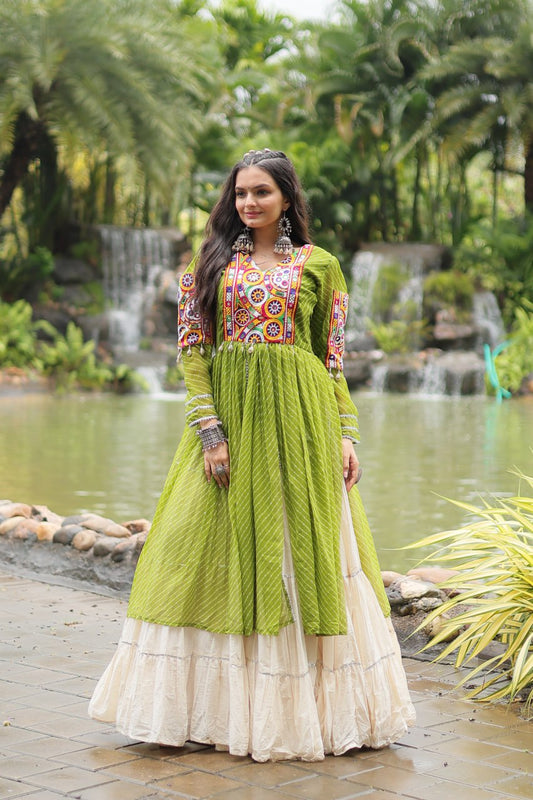 Pista Green Mirror Work Cotton Navratri Wear Kurti With Lehenga By Stylish Ethnic