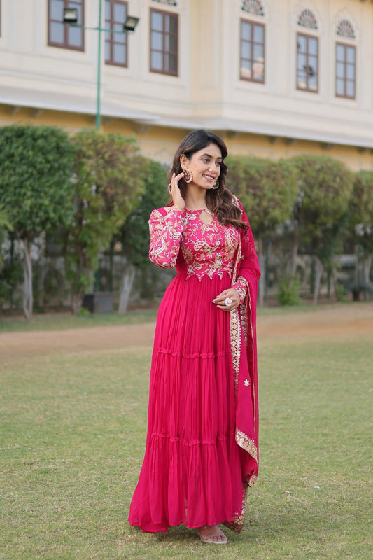 Pink Colour Premium Readymade Gown With Dupatta By Stylish Ethnic