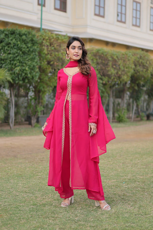 Pink Plain Georgette Kurta Pant With Dupatta By Stylish Ethnic
