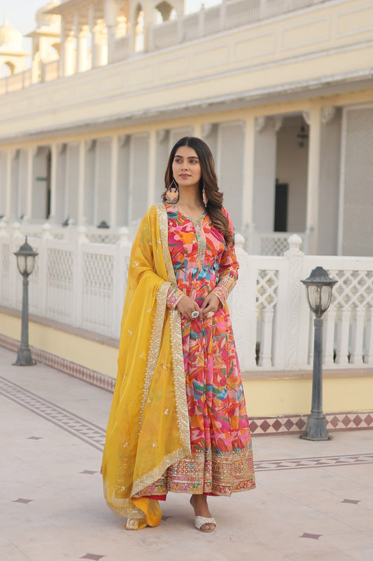 Luxurious Pink Readymade Gown with Embroidered Dupatta Set By Stylish Ethnic