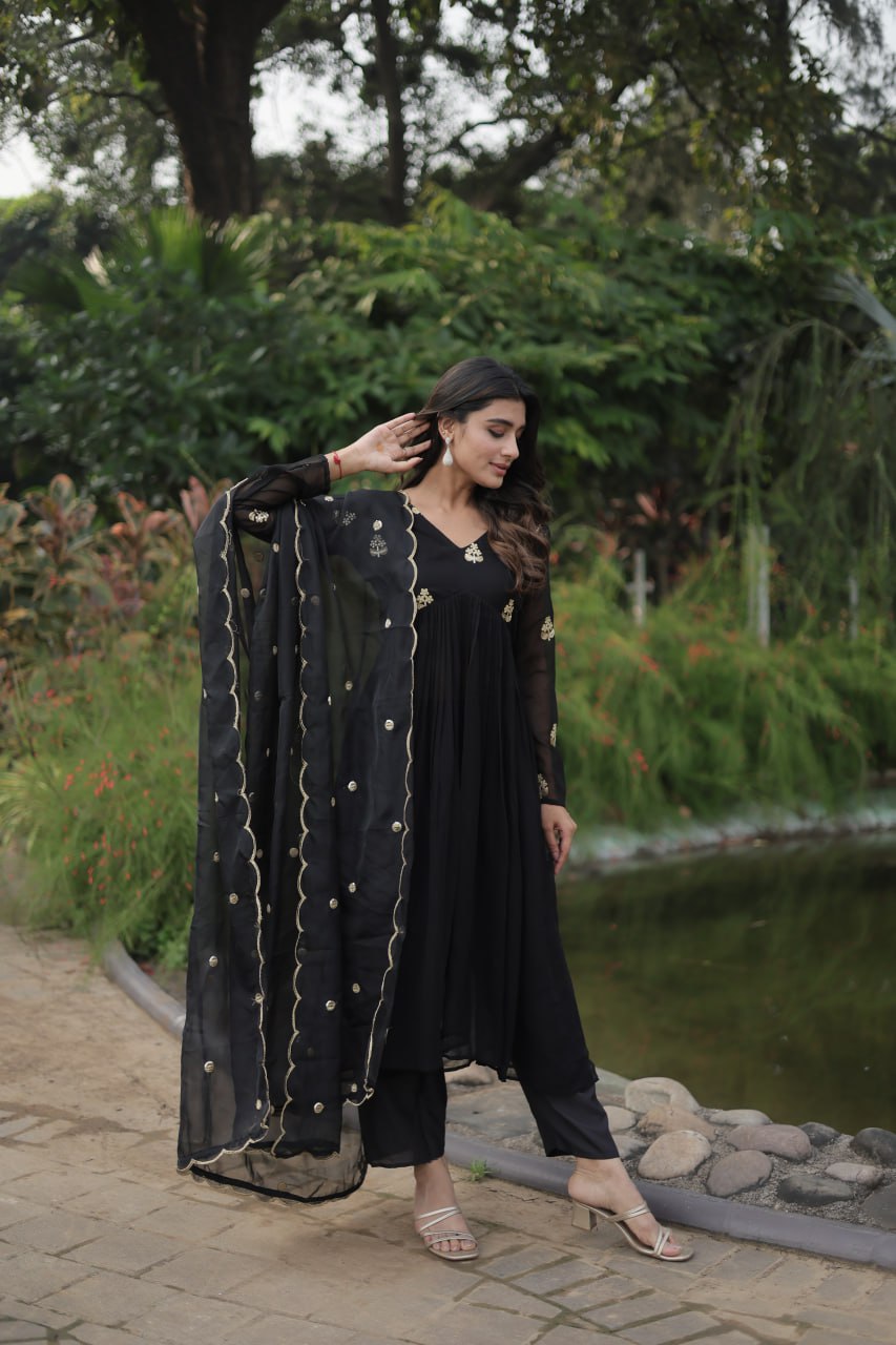 Black Nayra Cut Anarkali Suit with Embroidery Work