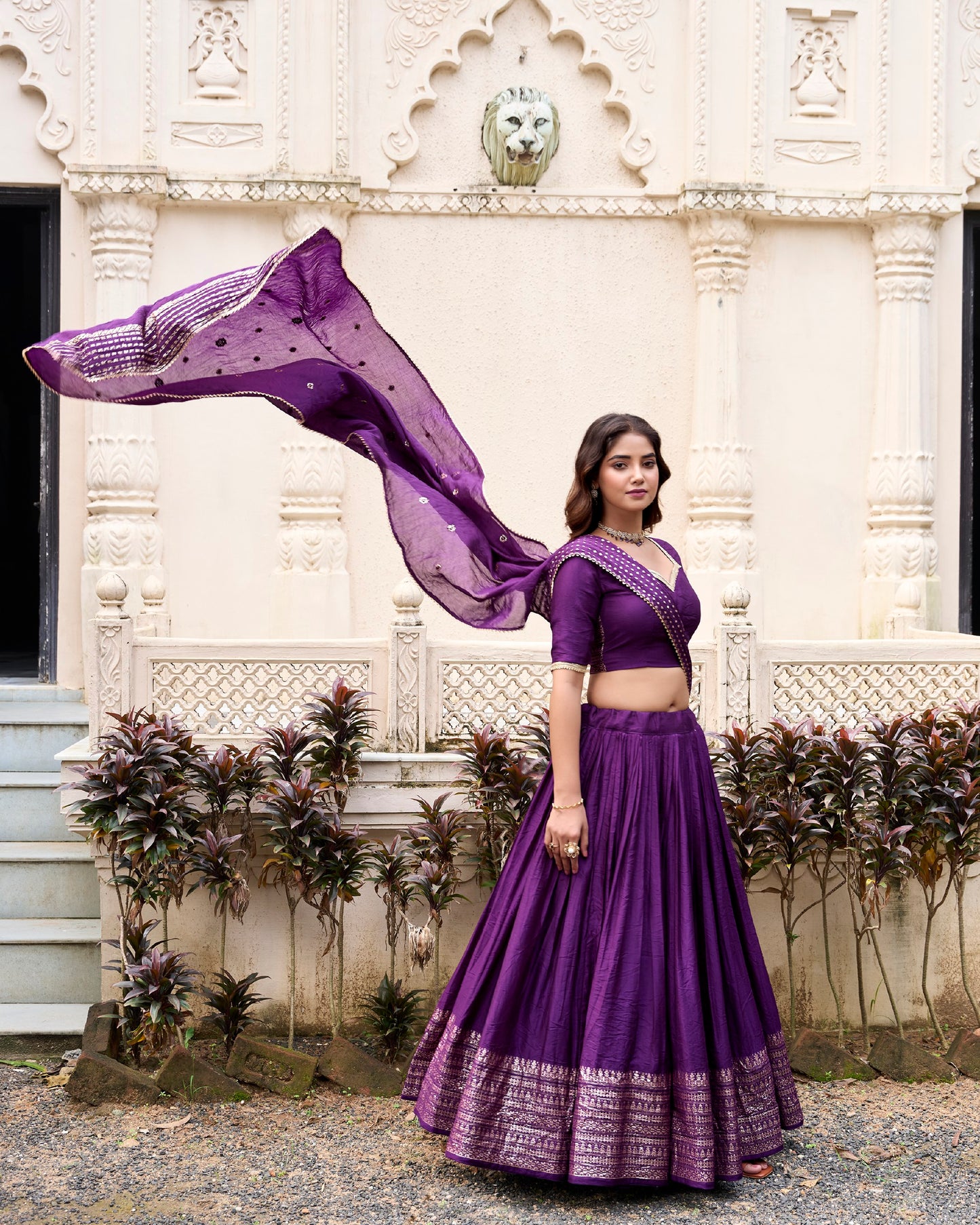 Grace and Beauty Pure Chanderi Sequin Embellished Purple Lehenga