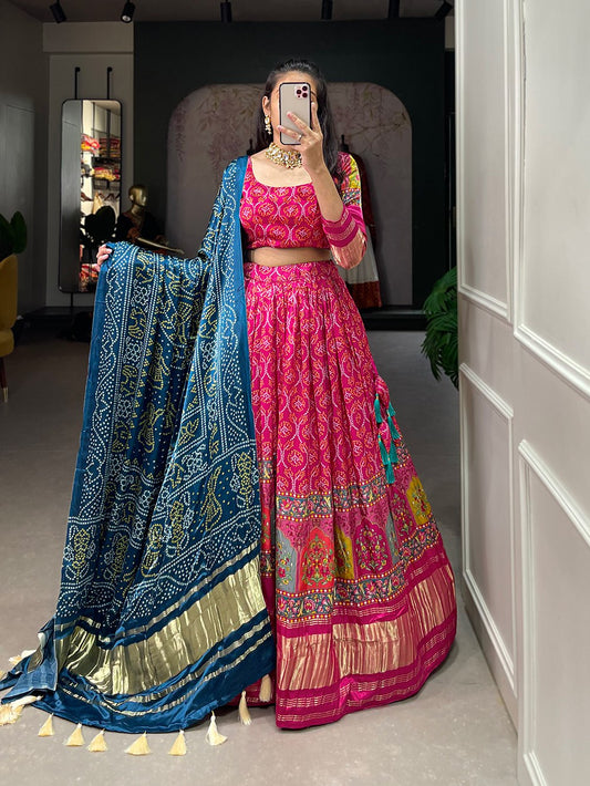 Exquisite Gaji Silk Rani Pink Lehenga Choli with Digital Print and Lagadi Patta