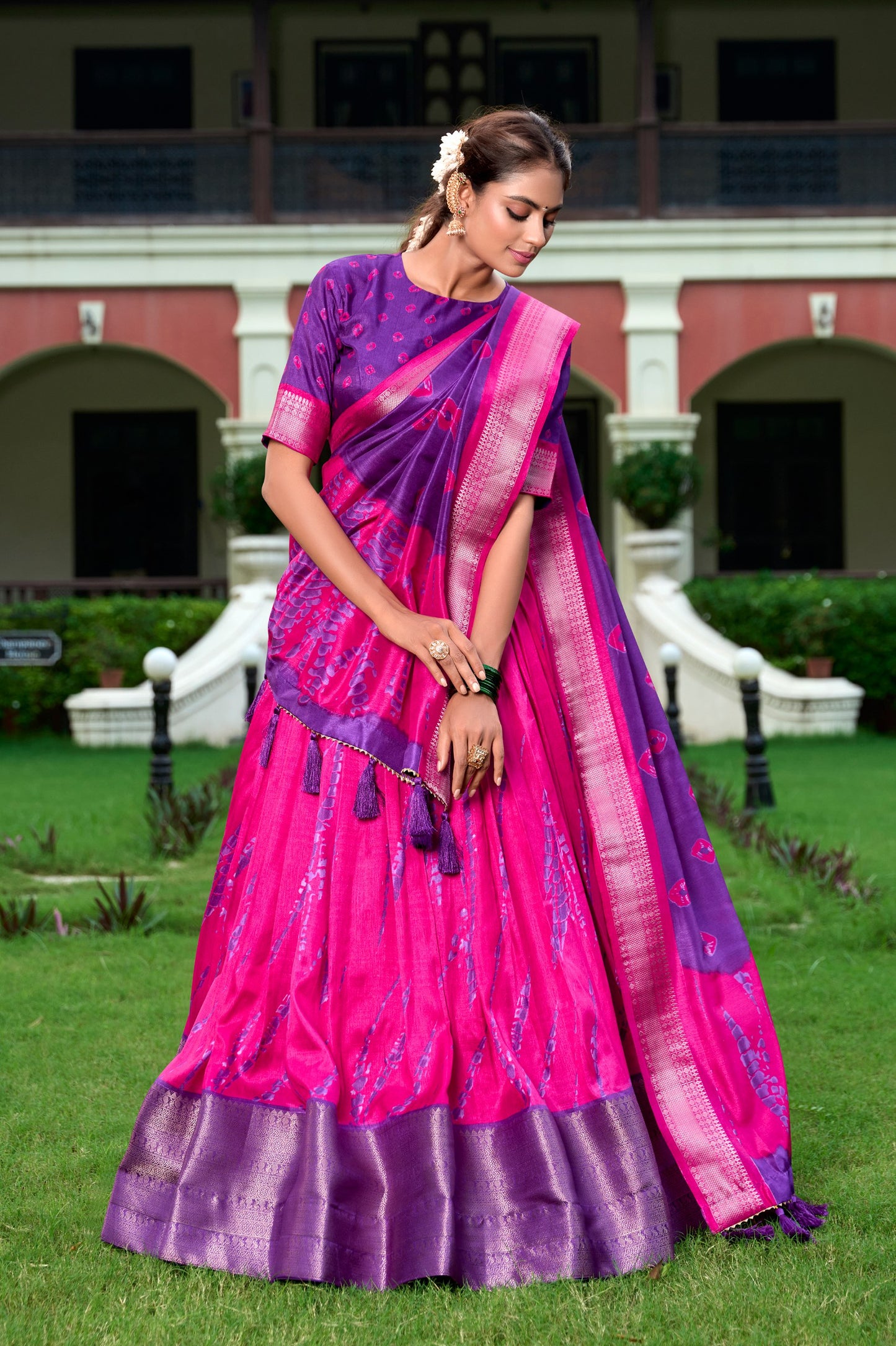 Rani Pink Color Dola Silk Shibori Print Zari Weaving Lehenga Choli