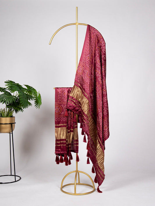 Pure Gaji Silk Bandhni Print Maroon Colour Dupatta with Tassels