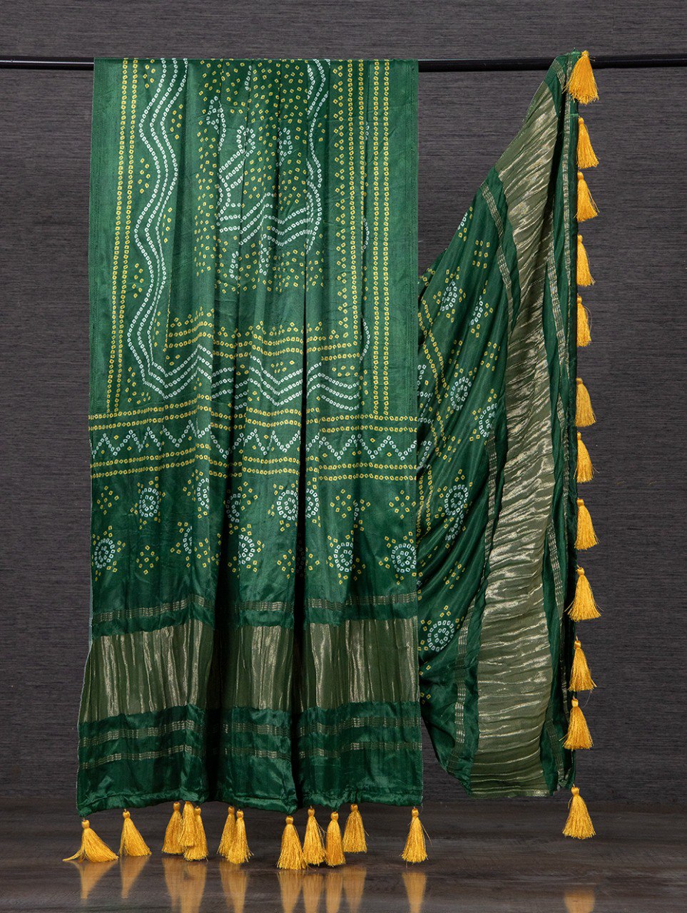 Pure Gaji Silk Bandhni Print Green Colour Dupatta with Yellow Tassels