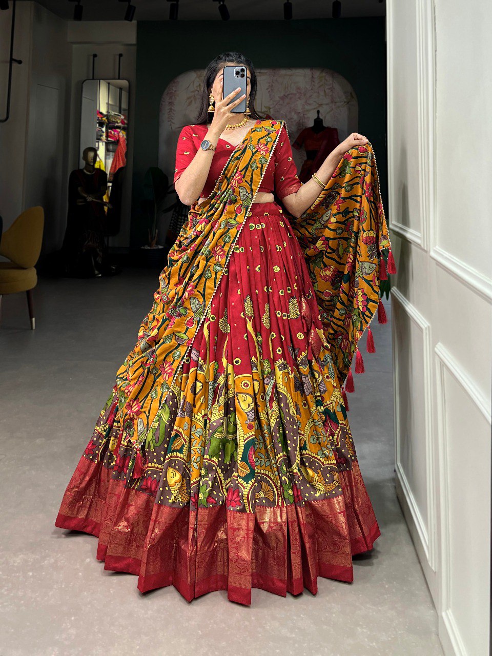 Red Printed Art Silk Lehenga Choli