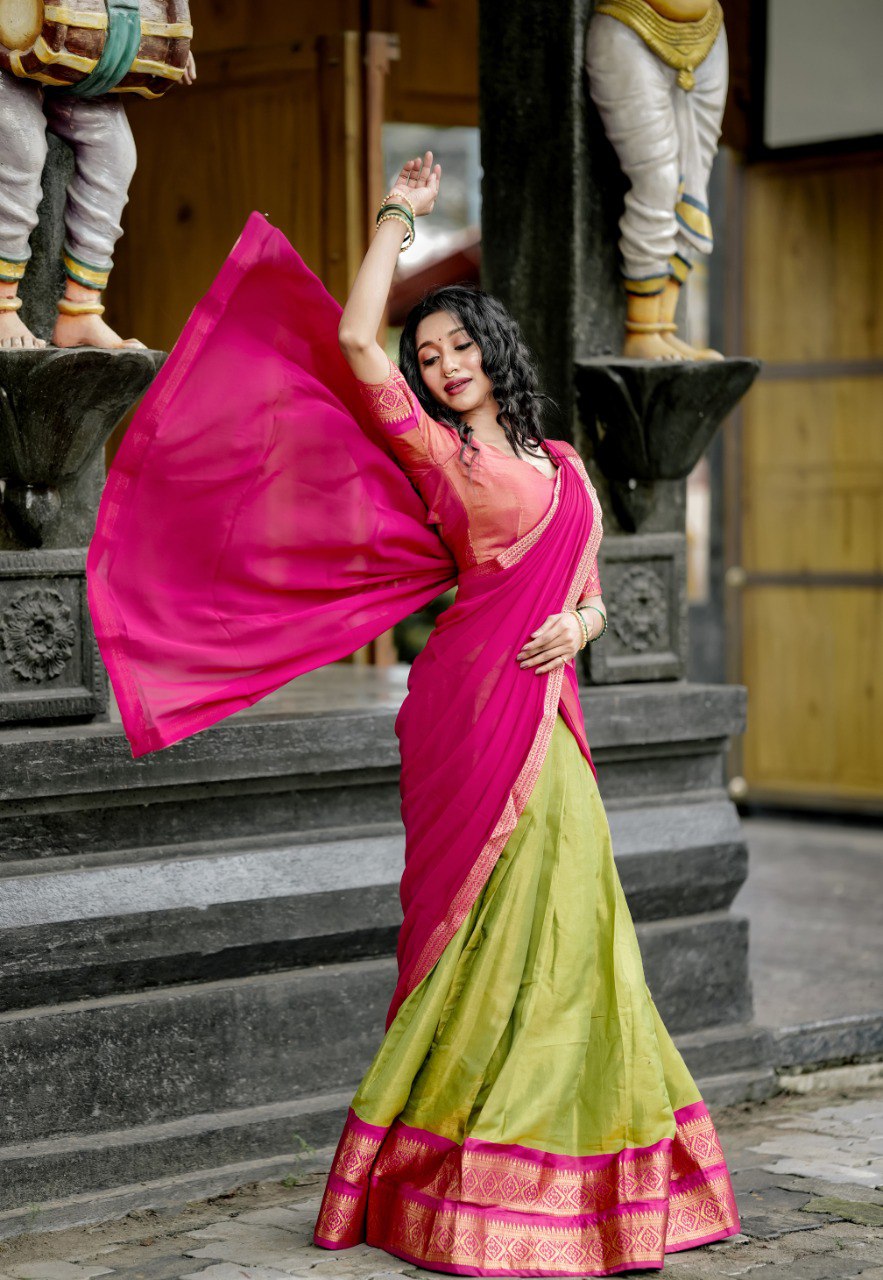 Olive Green & Magenta Woven Kanchipuram Silk Lehenga Choli