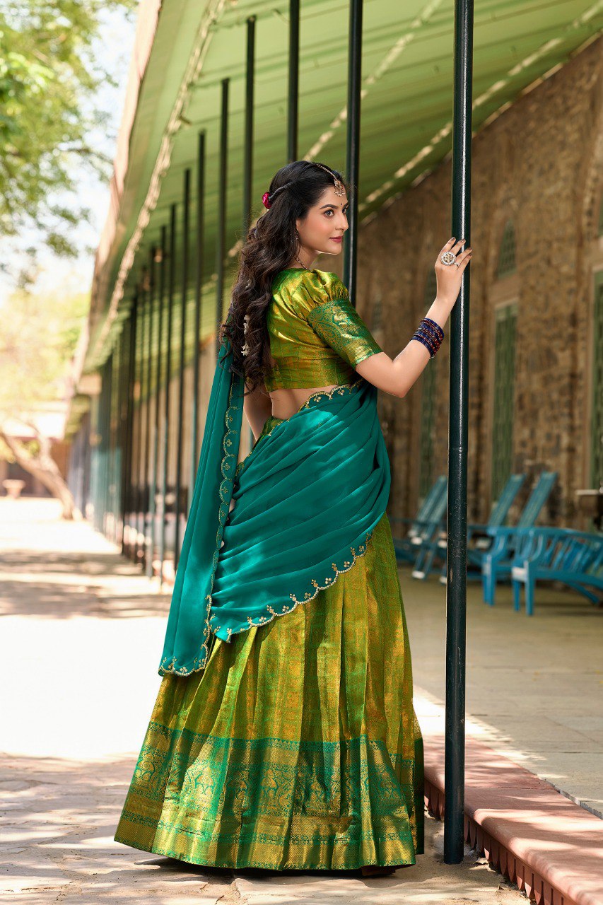 Lovely Green Zari Woven Kanchipuram Silk Traditional Half Saree Lehenga