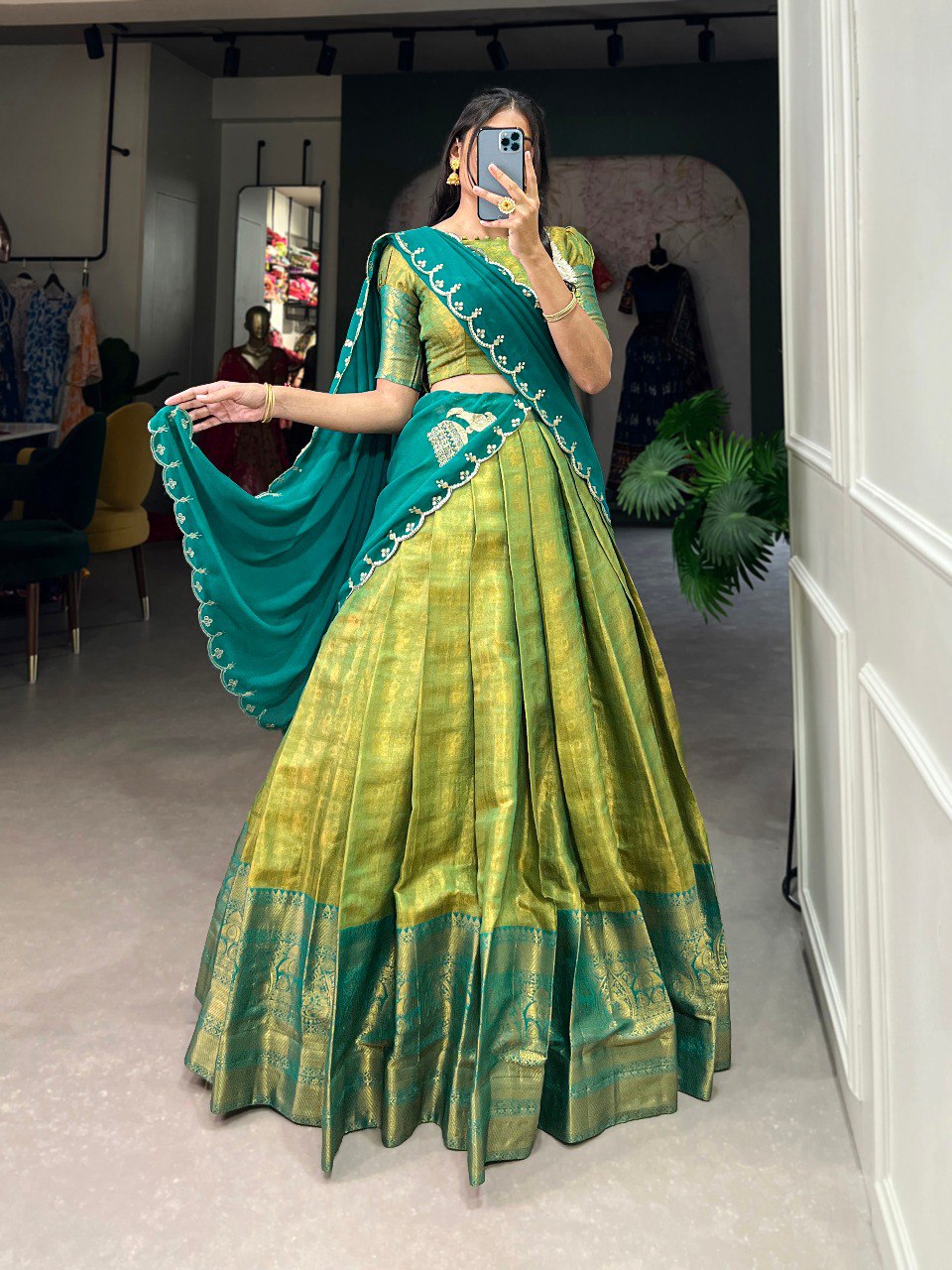 Kanjivaram Silk Green Lehenga Choli With Flowing Dupatta