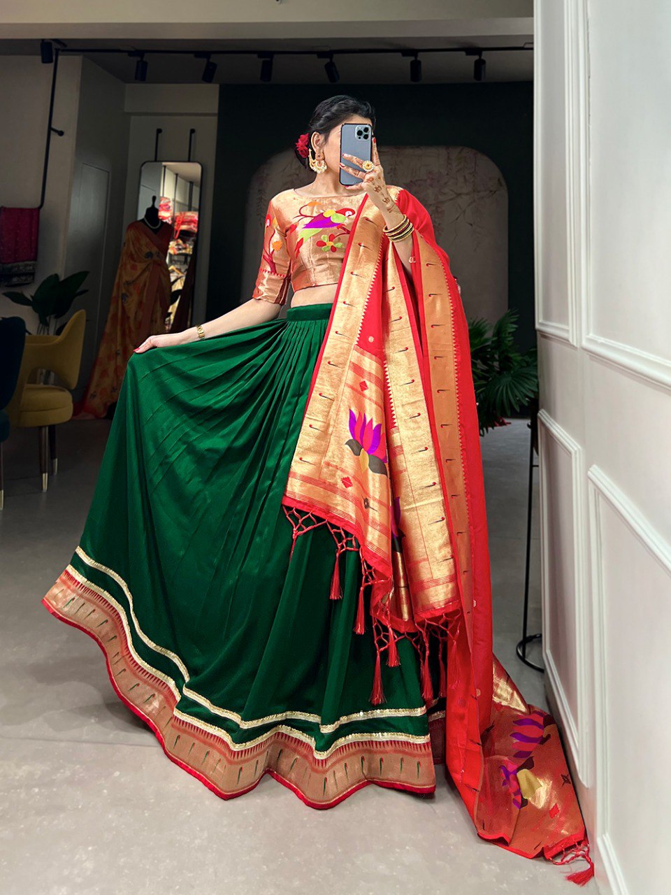 Green Color Plain With Paithani Lace Border Vichitra Silk Lehenga Choli