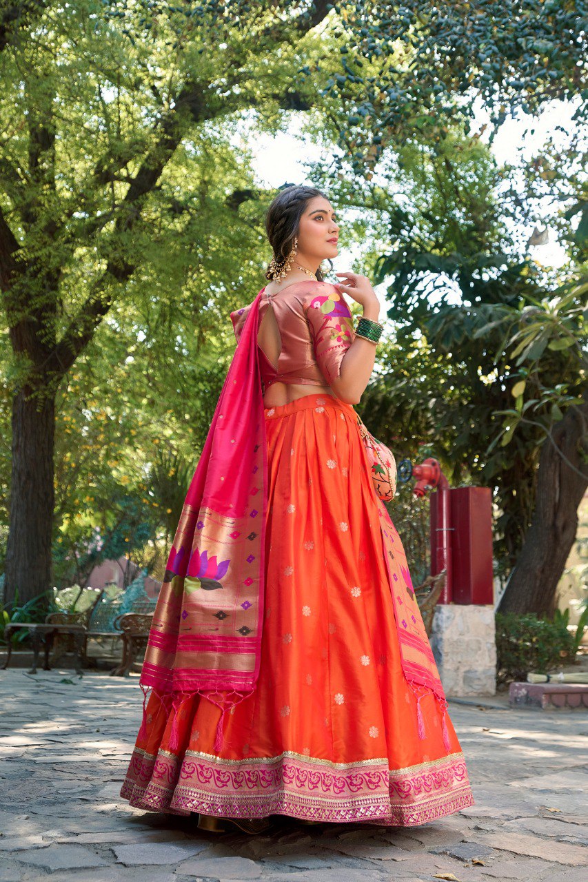 Orange Color Jacquard Silk Paithani Lehenga With Zari Work Lehenga Choli Set