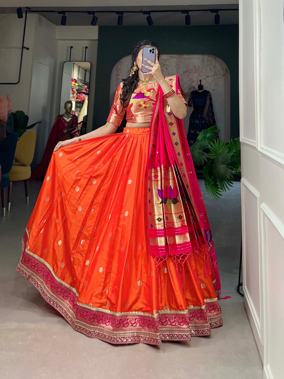 Orange Color Jacquard Paithani silk Lehenga Choli