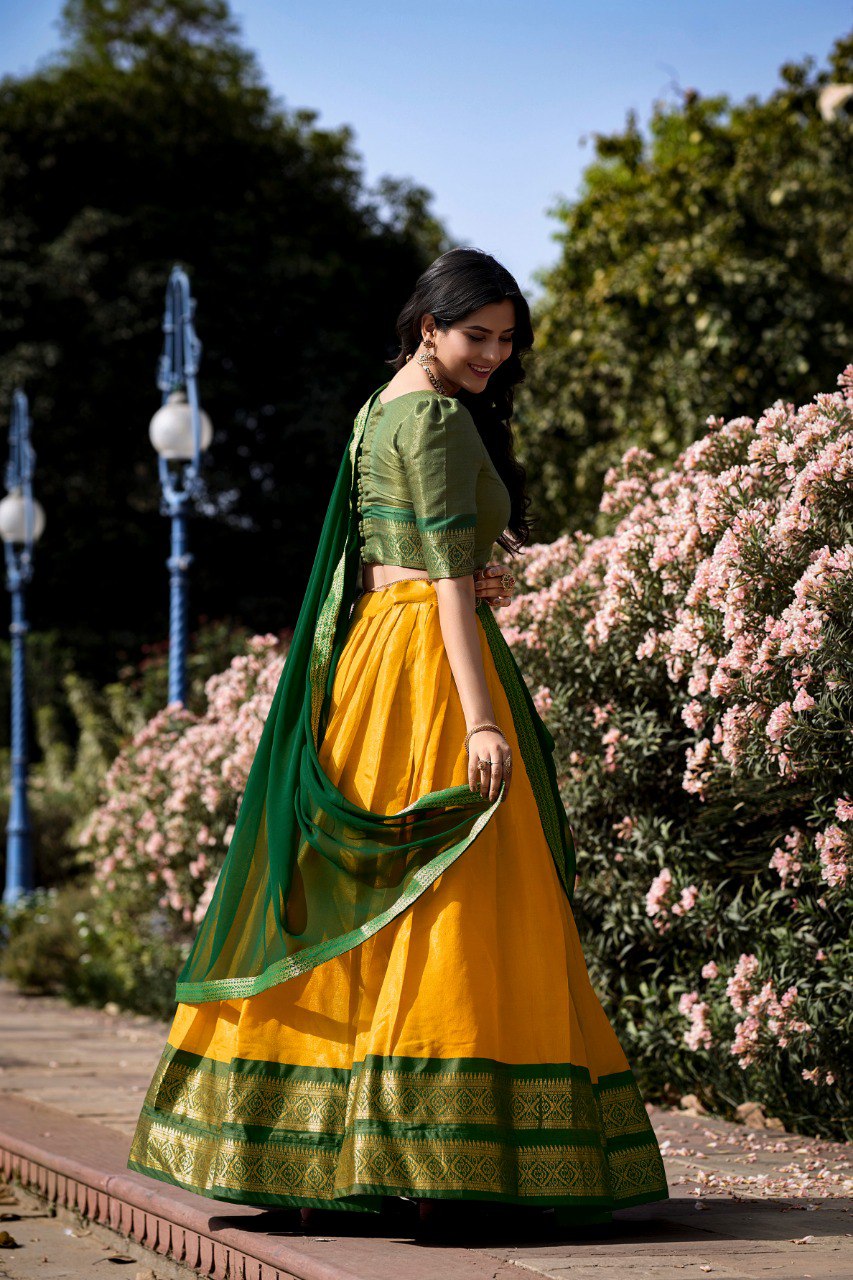 Yellow Breathtaking South-Indian Kanchipuram Silk Lehenga Choli Set with Zari Weaving