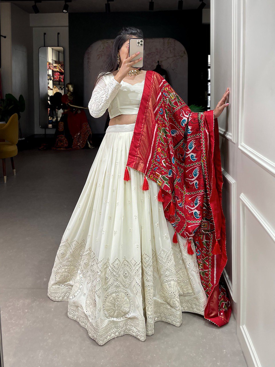 White Color Lucknowi Paper Mirror Work Georgette lehenga Choli