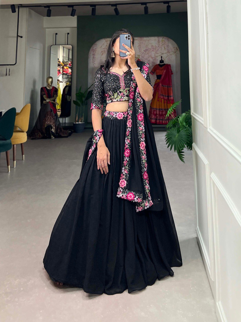 Pretty Black Sequins Georgette Party Wear Lehenga Choli With Dupatta