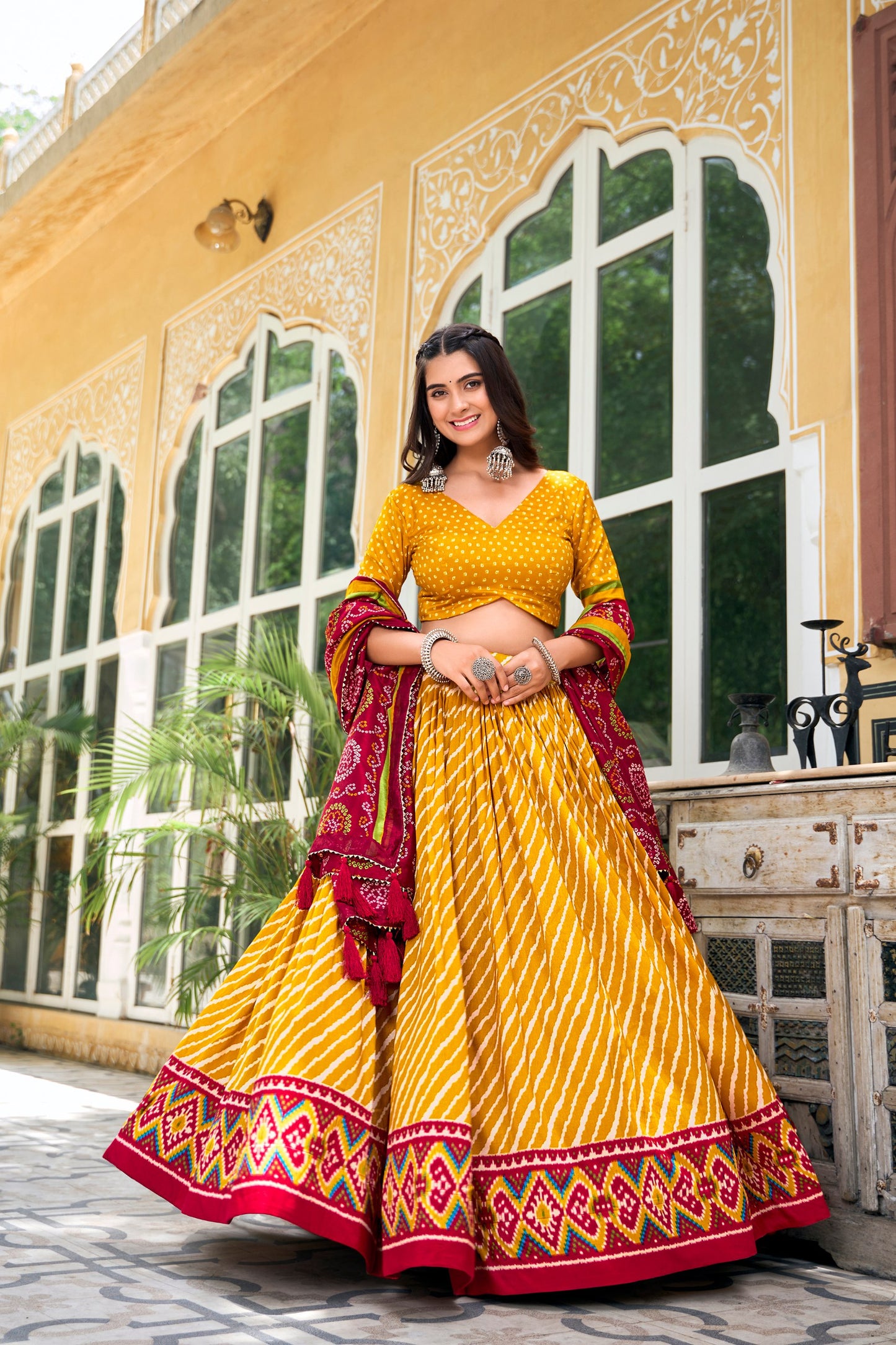 Yellow Tussar Silk Lehenga Choli with Leheriya Print, Patola Border & Bandhani Dupatta