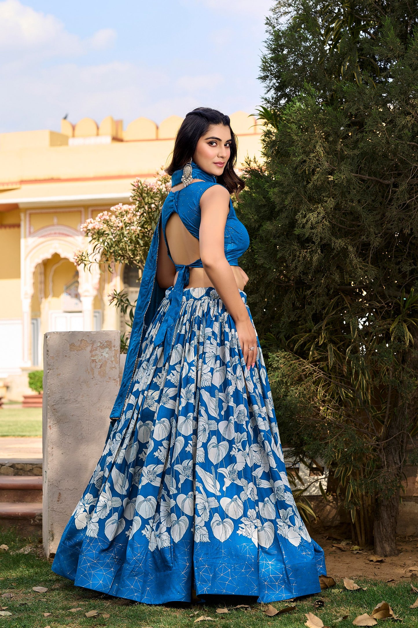 Royal Blue Floral Foil Print Tussar Silk Lehenga Choli Set