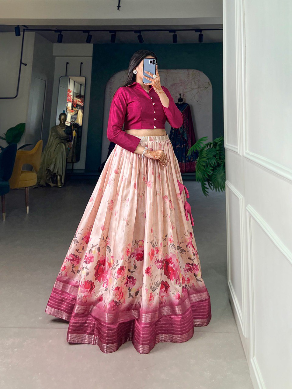 Rani Pink Color Floral Print With Sequins And Zari Border Dola Silk Co-ord Set Lehenga