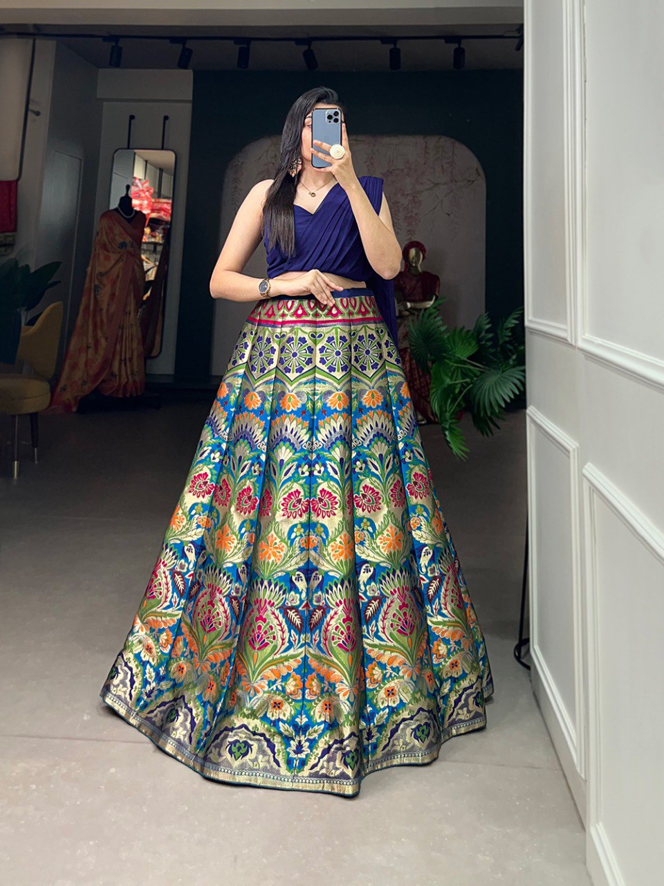 Banarsi Silk Zari Weaving work Navy Blue Lehenga Choli Set