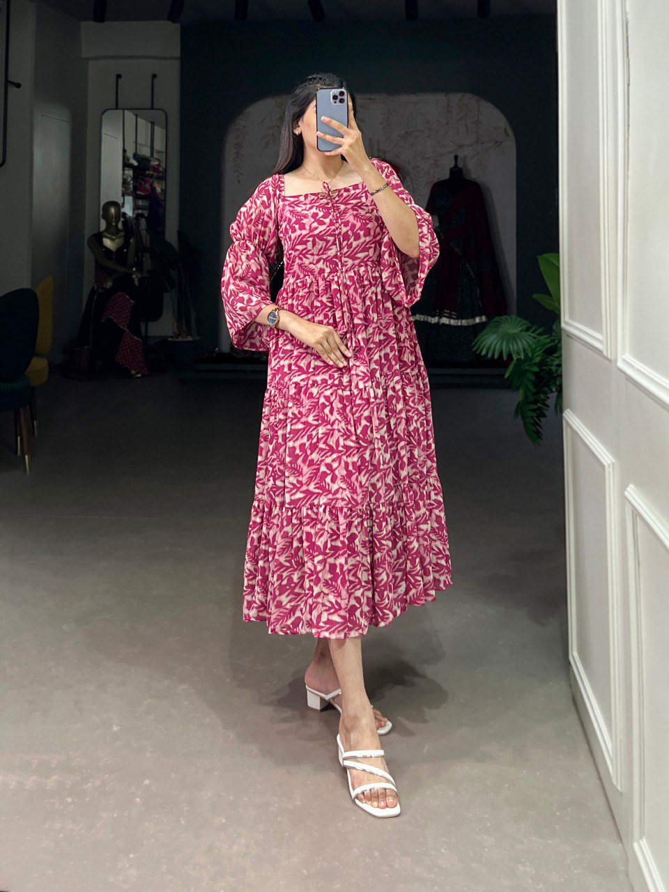 Leaf Print Tiered Boho Pink Midi Dress with Bell Sleeves