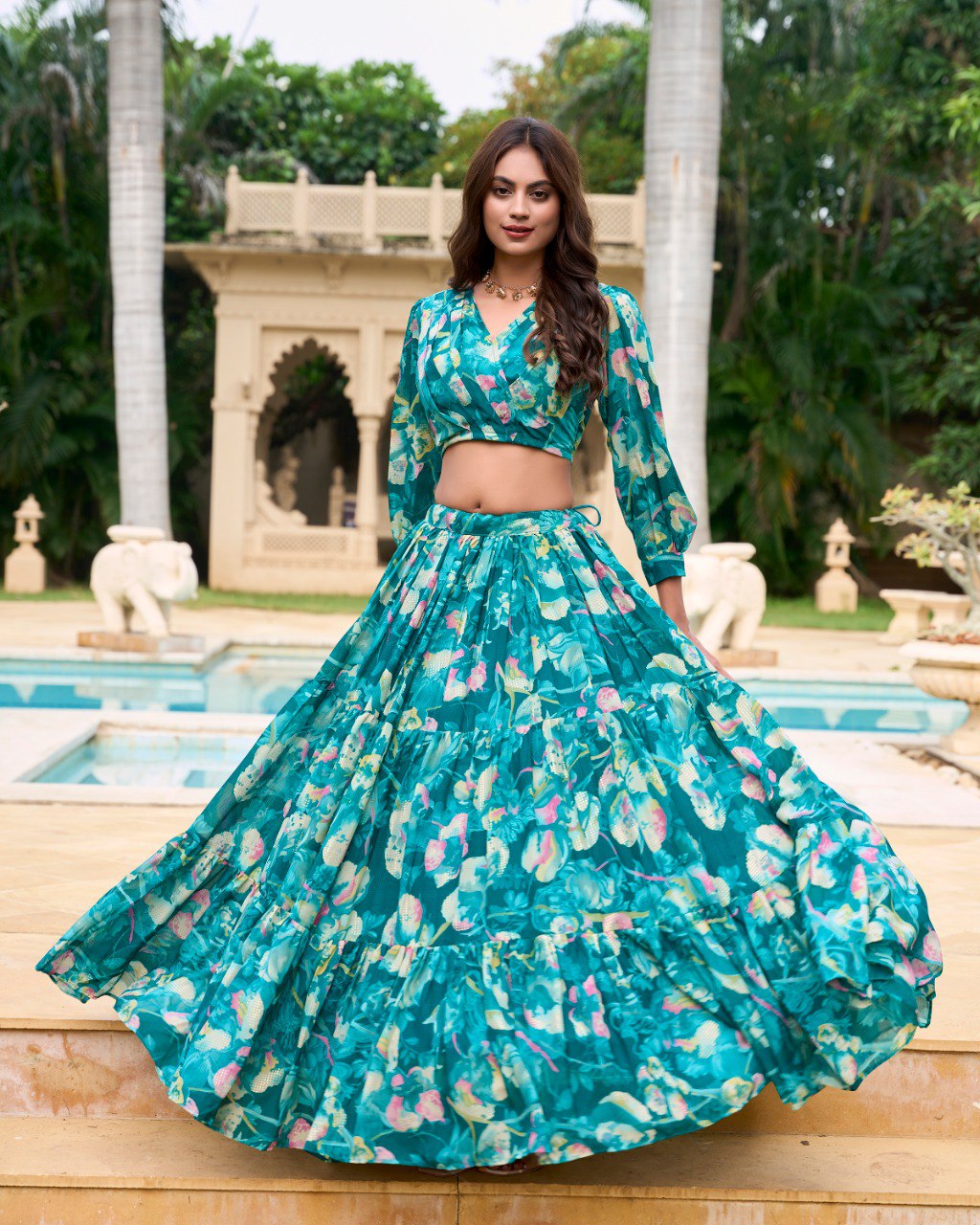 Teal Blue Faux Georgette Floral Printed Readymade Lehenga With Fancy Blouse