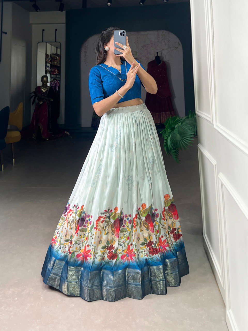 Elegance Blue Cotton Silk Ready to Wear Crop Top And Party Lehenga