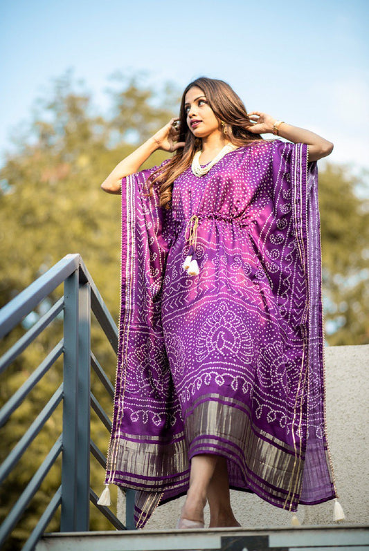 Wine Color Digital Bandhni Printed Pure Gaji Silk Kaftan