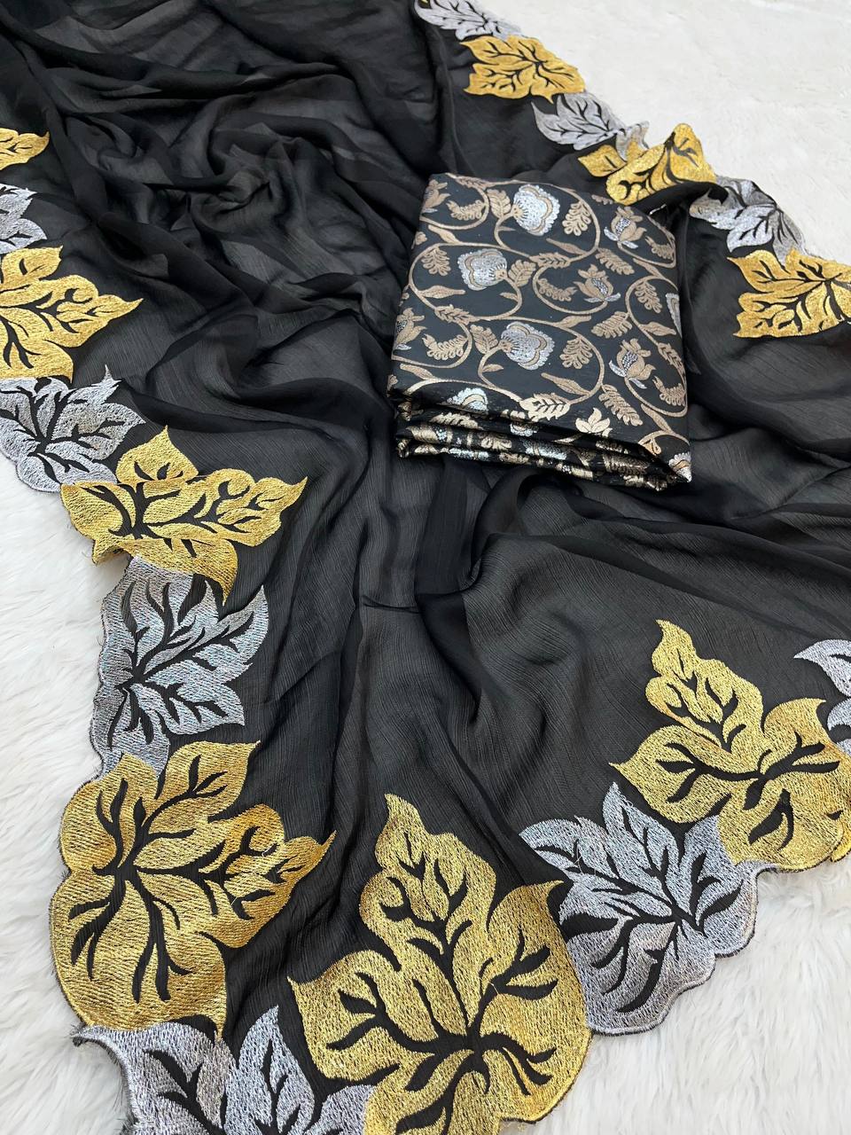 Silver And Gold Maple Leaf Black Satin Chiffon Saree