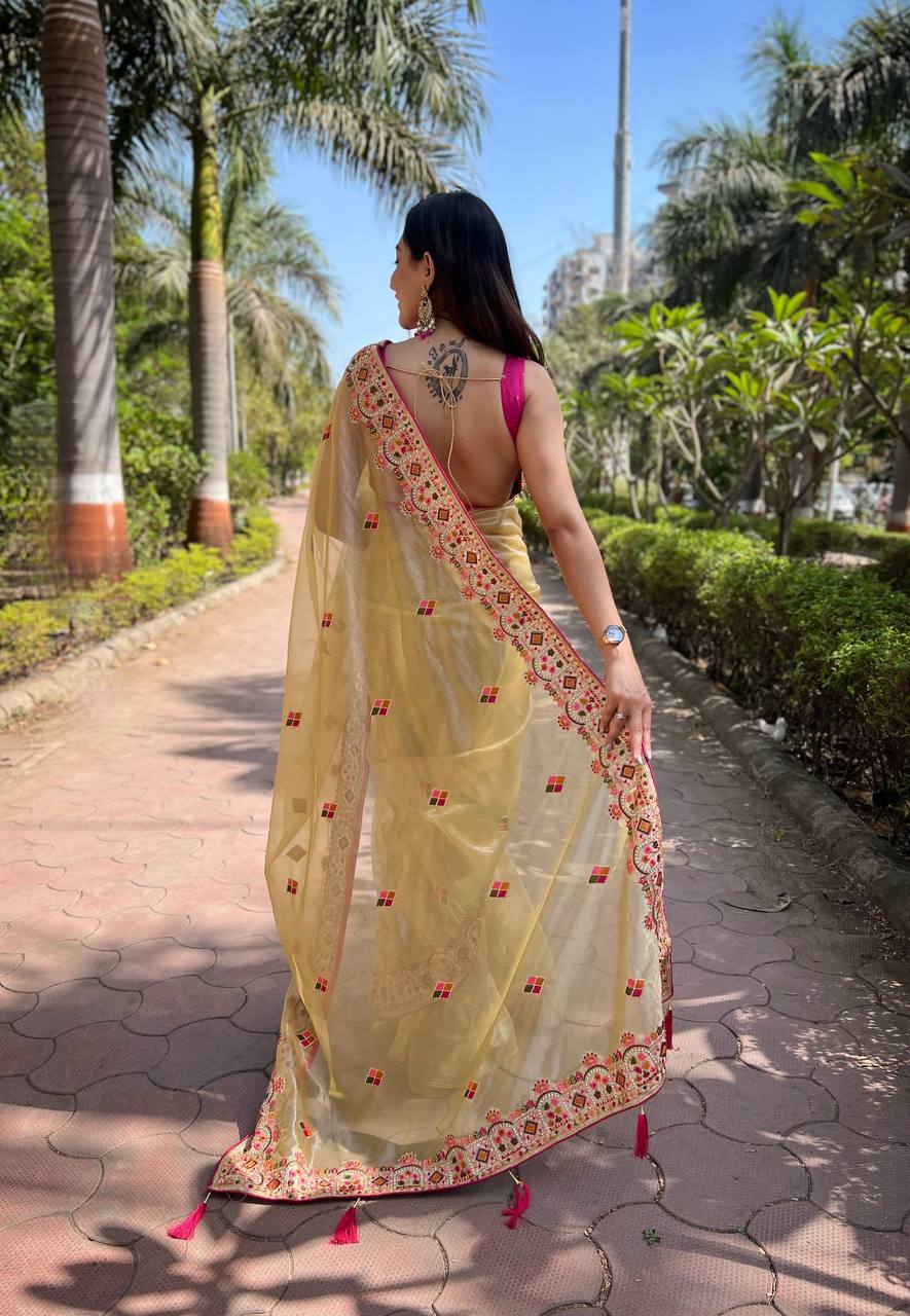 Yellow Twill Net Designer Embroidery Work With Embellished Diamond Work Saree