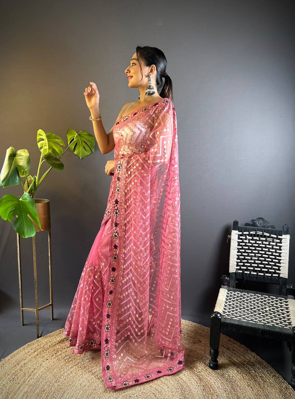 Pink Net Embellished Saree With Unstitched Blouse