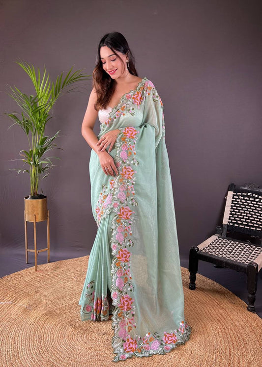 Designer Cross Stitch Floral Embroidery Cut Work Border Light Green Glossy Silk Saree With Blouse